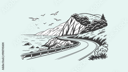 Scenic Coastal Highway Winding Road Sketch - Hand Drawn Vector Illustration of Big Sur Pacific Coast Drive