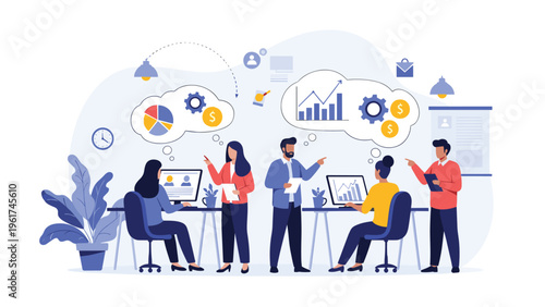 Diverse business team working together at desks while thinking about financial growth and data analysis represented by creative thought bubbles.