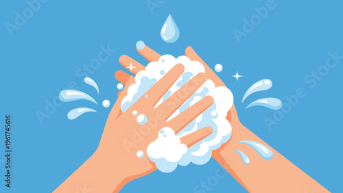 Person washing hands with soap and water to ensure hygiene and prevent spread of germs shown on bright blue background with water splashes icon.