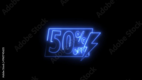 Blue neon 50 sale sign glowing against dark background advertising discount promotion.