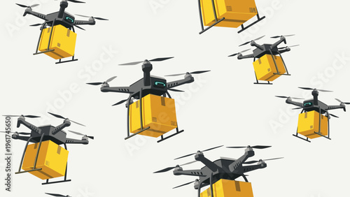 Seamless pattern of multiple delivery drones carrying yellow packages against light background illustrating future of automated logistics technology.