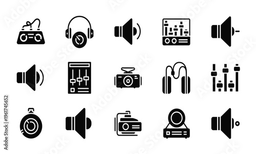 Black icons of audio equipment devices.