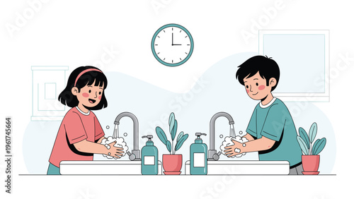 Two young children washing their hands with soap at sinks in school bathroom to maintain hygiene and follow healthy habits for disease prevention.