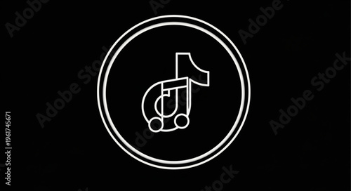 Musical Note Icon in Circle - Simple White Design on Black.