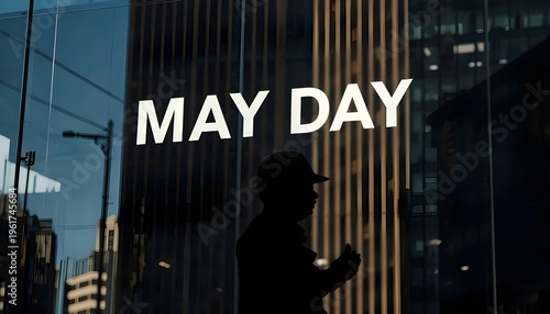 A silhouette of a man in a cityscape with a MAY DAY sign reflected in a glass building