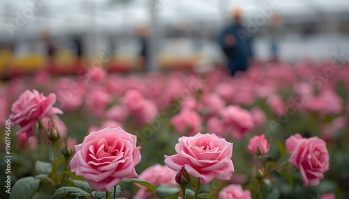 A serene field of pink roses in a greenhouse with a person in the background