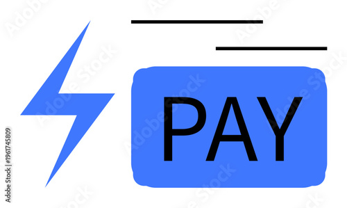 Digital payments, fintech, e-commerce, online transactions, speed, technology. Blue pay button with a lightning icon. Digital payments and fintech speed and convenience in transactions