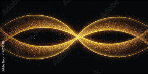 Abstract golden wave pattern with sparkling glitter particles on black background, flowing energy, futuristic light trails, science fiction concept, digital art