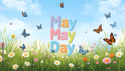 A colorful illustration of butterflies and flowers celebrating May Day