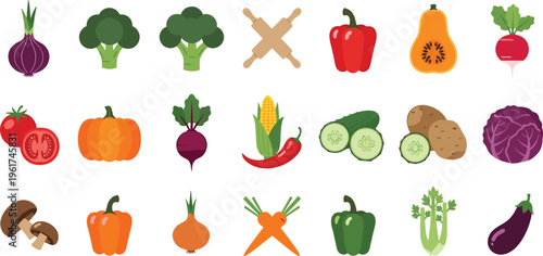 Organic vegetable vector icon set. Flat illustrations of pumpkin, broccoli, bell peppers, tomatoes, carrots, and kitchen rolling pin for healthy food design.