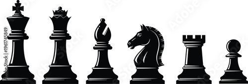 Chess pieces icons set, king queen bishop knight rook pawn, strategy game silhouette symbols, board game design illustration