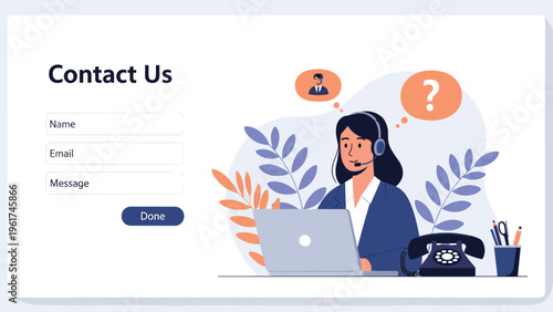 Professional female operator wearing headset works at laptop with contact us form representing customer support and communication services online.