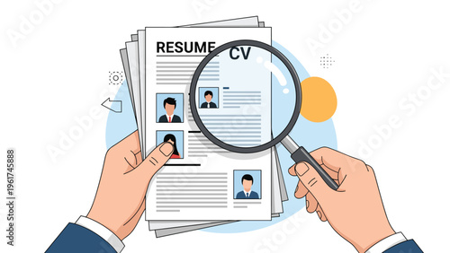 Hands holding magnifying glass over resume and cv papers while searching for qualified candidate during corporate recruitment and hiring process.