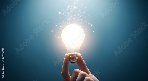 A hand holding a glowing light bulb with bright shining light