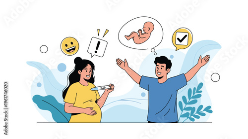 Happy young couple celebrating a positive pregnancy test result as the excited father envisions their future baby in a thought bubble.