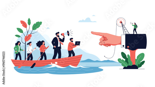 Corporate business team rowing an orange boat in unison while a motivated leader with a megaphone follows directions from a giant hand.