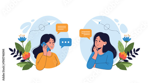 Two young women communicating through voice calls and instant text messages surrounded by colorful decorative flowers and paper planes.