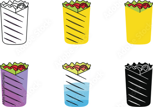 Collection of shawarma wrap vector illustrations in multiple color styles including flat outline and solid fast food designs