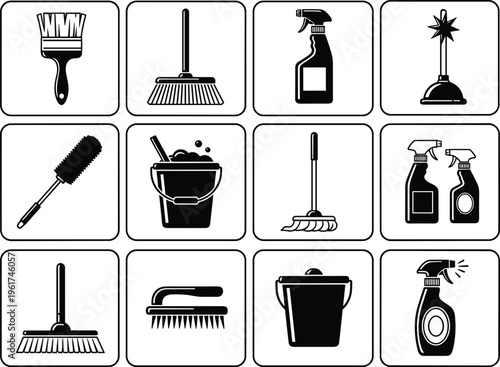 Cleaning equipment icons set, broom mop bucket spray bottle, plunger scrub brush duster detergent, household hygiene service pictogram design