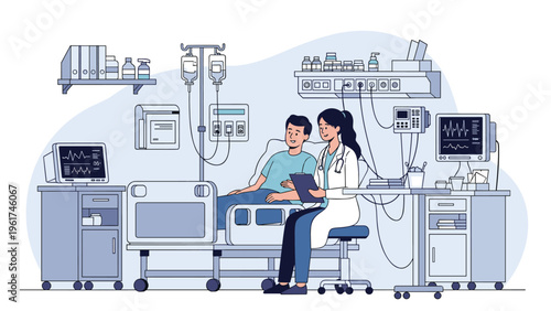 Male patient resting in a hospital bed while discussing his medical recovery progress with a professional female doctor in a hospital ward.