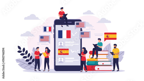 Diverse group of international students learning different foreign languages using a mobile app on a large smartphone with flags icons.