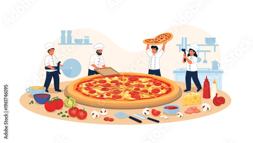 Team of miniature professional chefs working together to prepare and garnish a giant delicious pizza with various fresh and tasty toppings.