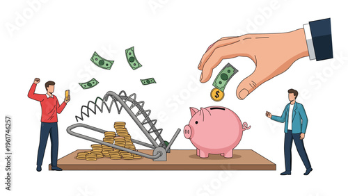 Strategic financial management showing a giant hand saving money in a piggy bank while carefully avoiding a dangerous and metal mouse trap.