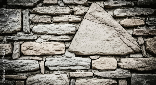 Rustic dry stone wall texture, highlighting natural rock patterns. A prominent triangular stone creates a unique focal point, emphasizing enduring strength and timeless design