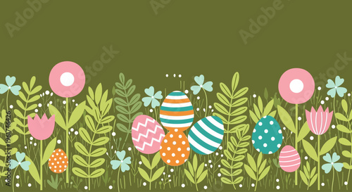 Delightful vector illustration showcasing colorful decorated Easter eggs amidst blooming spring flowers and lush greenery, ideal for holiday designs and celebratory backgrounds