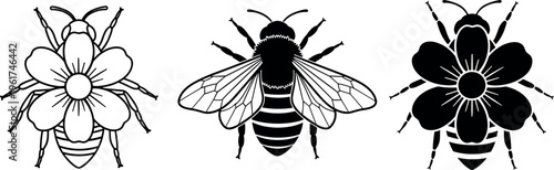 Bee silhouette set with decorative floral wings, detailed insect vector illustrations isolated on white background for nature design, honey symbol, pollination concept