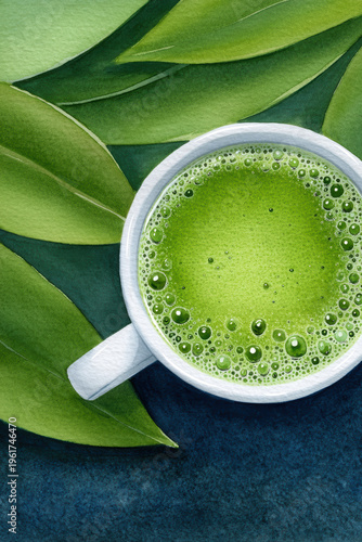 Green matcha tea in cup with fresh leaves, watercolor illustration, healthy drink concept, natural organic lifestyle and calming aesthetic design