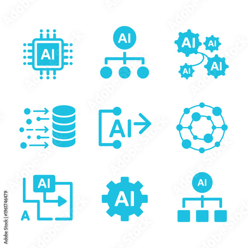 AI workflow solid icons, input-output model flow, pipeline, task automation path, data processing, machine learning workflow and automation systems concept.