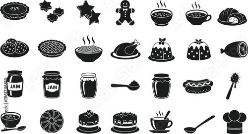 Food and dessert icon set, bakery sweets collection, jam jar soup bread cake hot drink cooking symbols, kitchen vector illustration