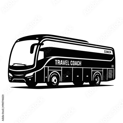 silhouette of a modern travel coach. Featuring an aerodynamic design and large panoramic windows, this minimalist black and white icon represents luxury intercity travel, tourism
