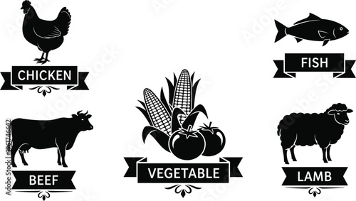 Food category icons, chicken silhouette, fish vector, beef cow graphic, lamb illustration, vegetable design, nutrition symbol, healthy eating concept set