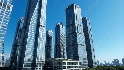 Modern skyscraper skyline with glass towers under blue sky.