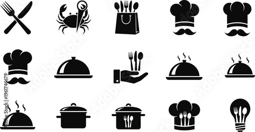 Food icons collection, chef hat, cooking pot, serving dish, utensils, restaurant symbol, culinary design, dining illustration, kitchen logo, gastronomy art