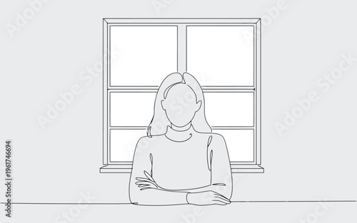 A continuous line drawing depicts a faceless woman sitting with crossed arms by a window