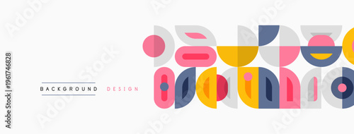 Abstract geometric shapes create playful background. Colors include pink, yellow, purple, blue, orange. Minimalist design feels modern, fresh.