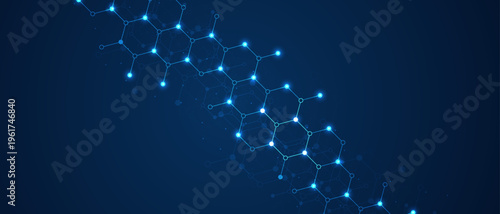 Hexagons pattern on blue background. Genetic research, molecular structure. Chemical engineering. Concept of innovation technology. Used for design healthcare, science and medicine background