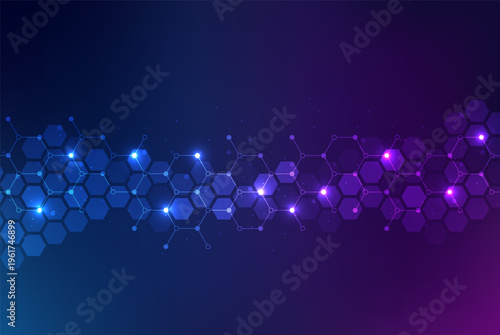 Hexagons pattern on blue background. Genetic research, molecular structure. Chemical engineering. Concept of innovation technology. Used for design healthcare, science and medicine background