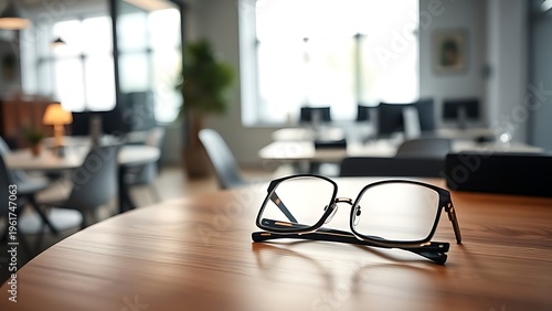afterhours. A clean wooden desk with eyeglasses, set in a quiet after-hours office atmosphere. pitch deck slides, case study pages, designed for brand storytelling and e-commerce strategy.
