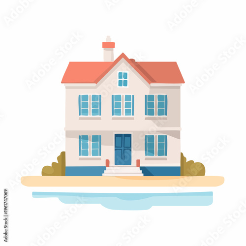 Charming two-story house with blue shutters and a red roof, surrounded by greenery and water