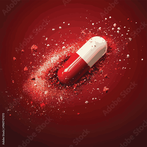 Red and white medical capsule breaks apart creating cloud of red powder and particles