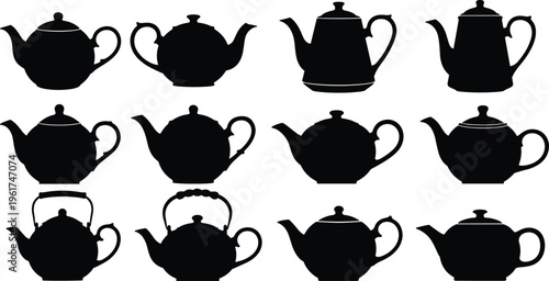 Elegant teapot silhouette collection featuring classic kettle shapes, traditional tea pot designs, vintage kitchenware vector illustrations for decor and artwork