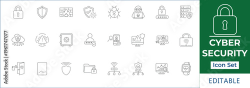 Cyber security line icon set featuring data protection, firewall safety, hacking alert, encrypted login, secure cloud, biometric fingerprint, and internet privacy symbols.