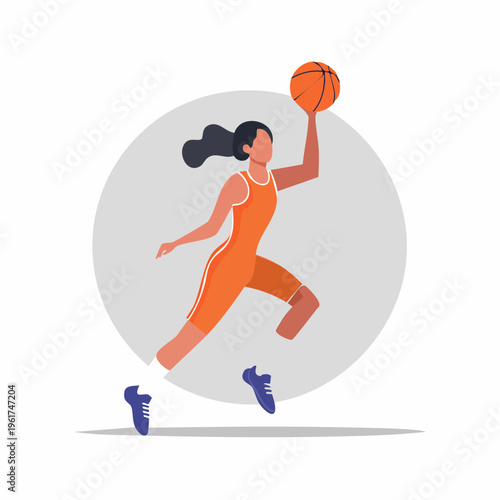 Dynamic illustration of a female basketball player in mid-air, demonstrating athletic prowess and skillful play on the court