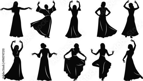 Elegant female dancer silhouettes in flowing dresses performing graceful dance poses, artistic vector illustration for design, creativity, movement, choreography