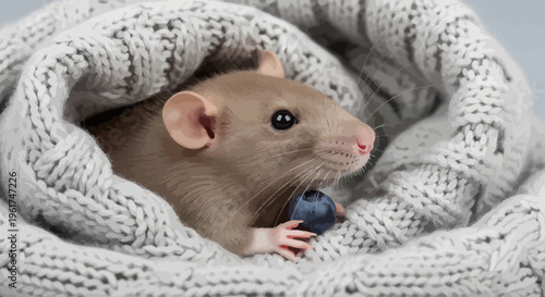 Adorable pet rat snuggled comfortably in a soft, warm knitted blanket, delicately holding a fresh dark blueberry, a charming portrait of cozy contentment