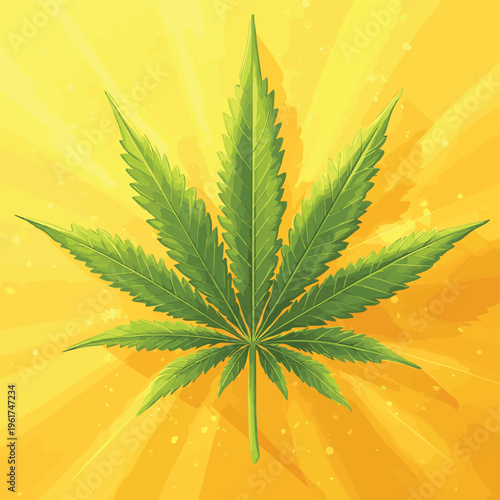 Green cannabis leaf glows in golden sun, showing medicinal plant science and health. Organic herb shows research in botany and wellness treatment. , vector style simple color